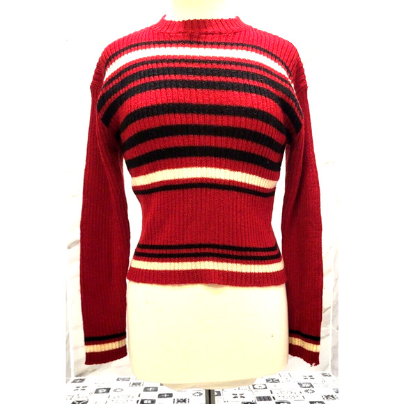 RANGOLI Wool Blend Pullover Sweater Red with Black White Stripes Juniors Medium - Picture 1 of 9